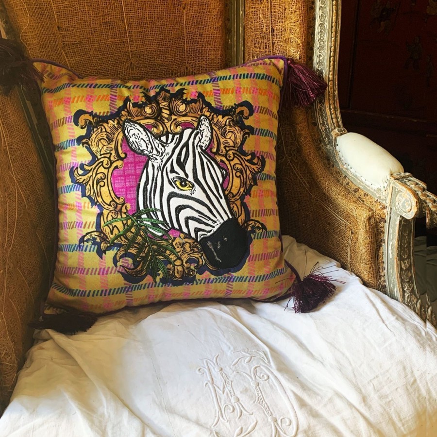 Homeware Jessica Russell Flint | Embroidered Velvet Cushion Cover / "The Zebra Head"